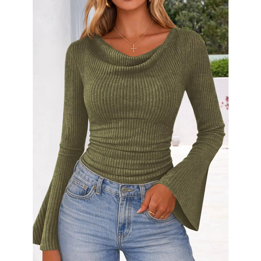 Ribbed Knit Cowl Neck Flared Sleeves Top Army Green / S Apparel and Accessories