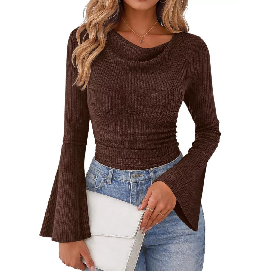 Ribbed Knit Cowl Neck Flared Sleeves Top Brown / S Apparel and Accessories