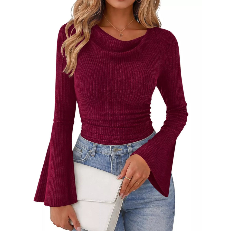 Ribbed Knit Cowl Neck Flared Sleeves Top Purple Red / S Apparel and Accessories