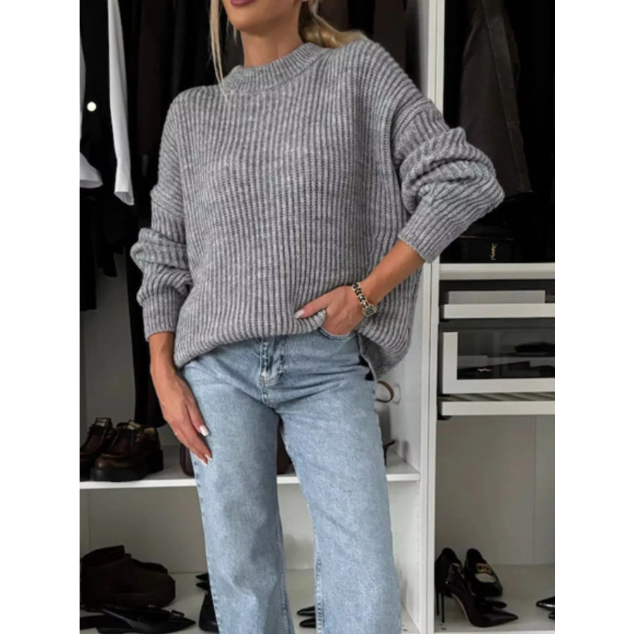 Ribbed Knit Crew Neck Sweater Apparel and Accessories