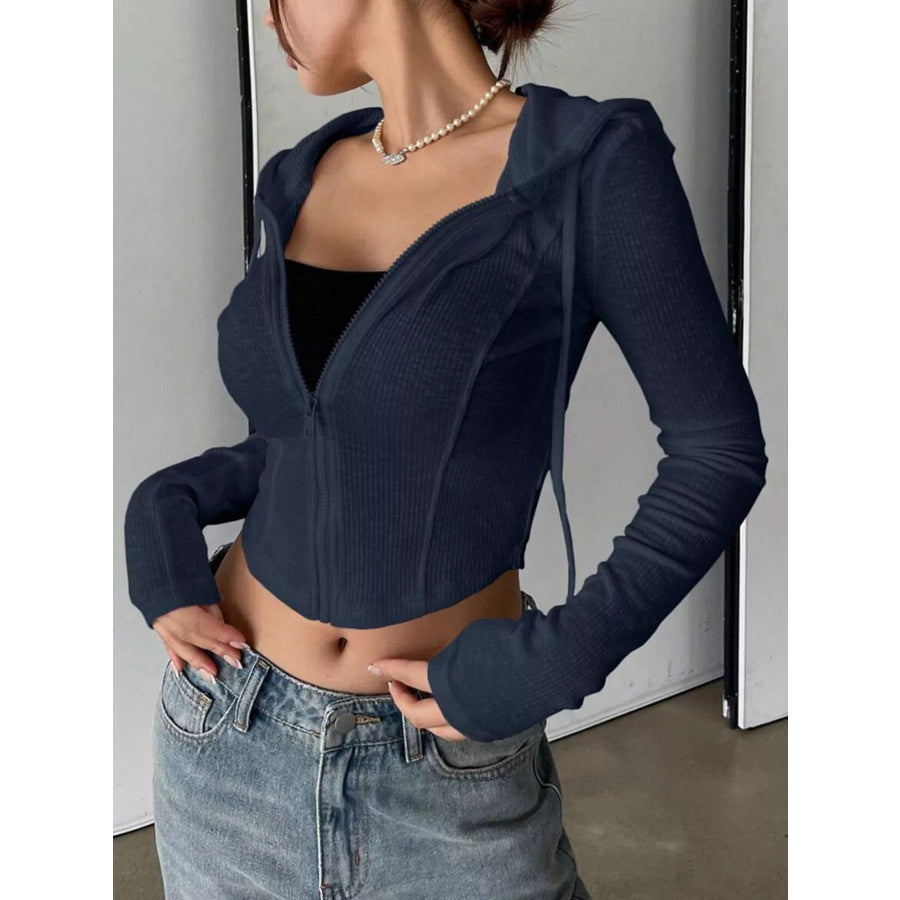 Ribbed Knit Cropped Zip-Up Outerwear Apparel and Accessories