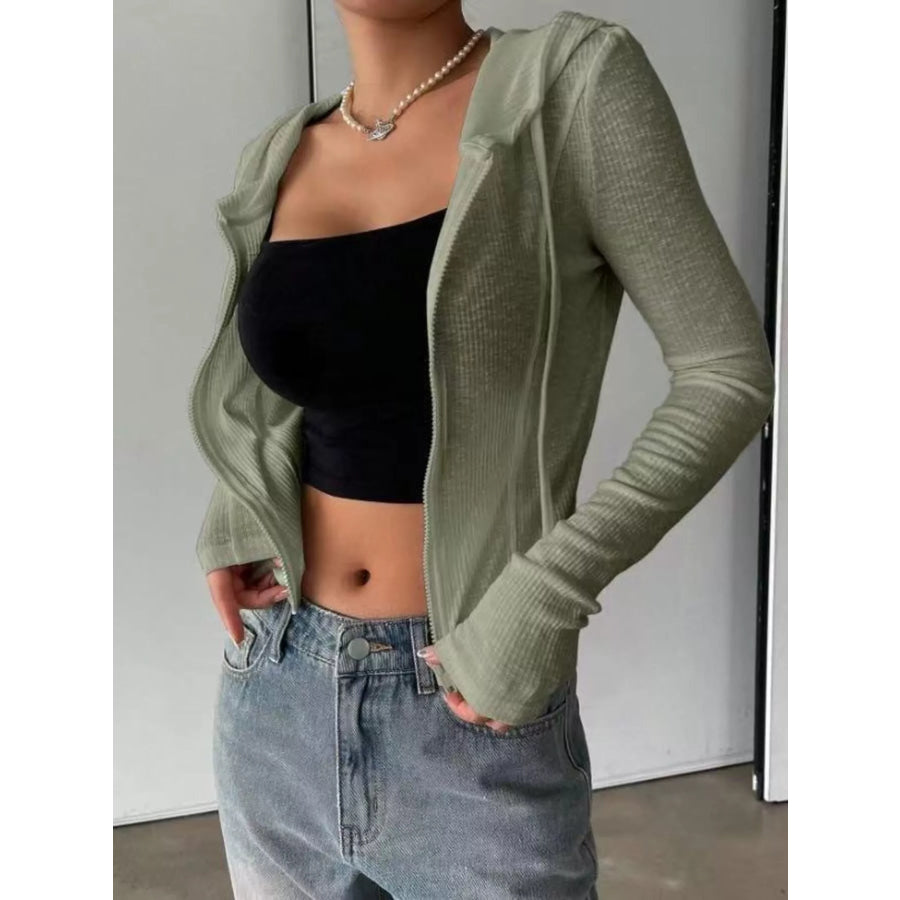 Ribbed Knit Cropped Zip-Up Outerwear Apparel and Accessories