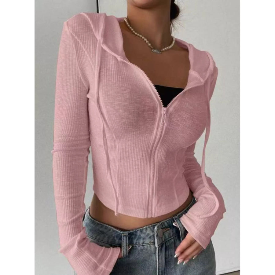 Ribbed Knit Cropped Zip-Up Outerwear Apparel and Accessories