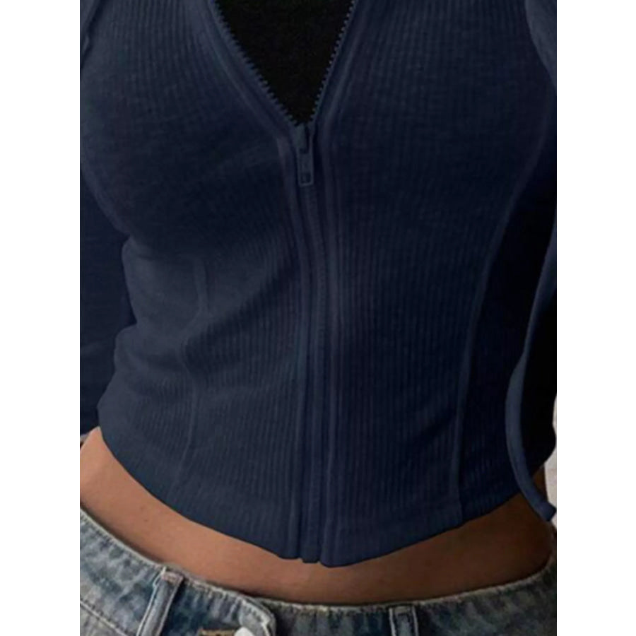 Ribbed Knit Cropped Zip-Up Outerwear Apparel and Accessories