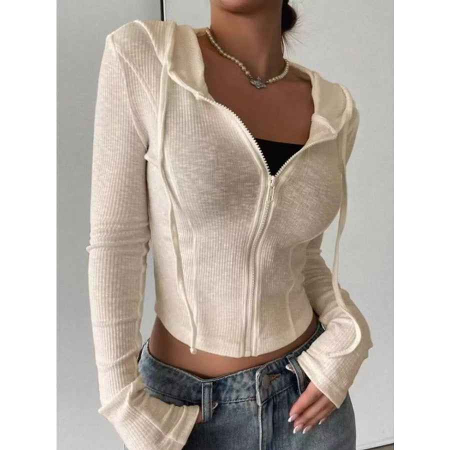 Ribbed Knit Cropped Zip-Up Outerwear Apparel and Accessories