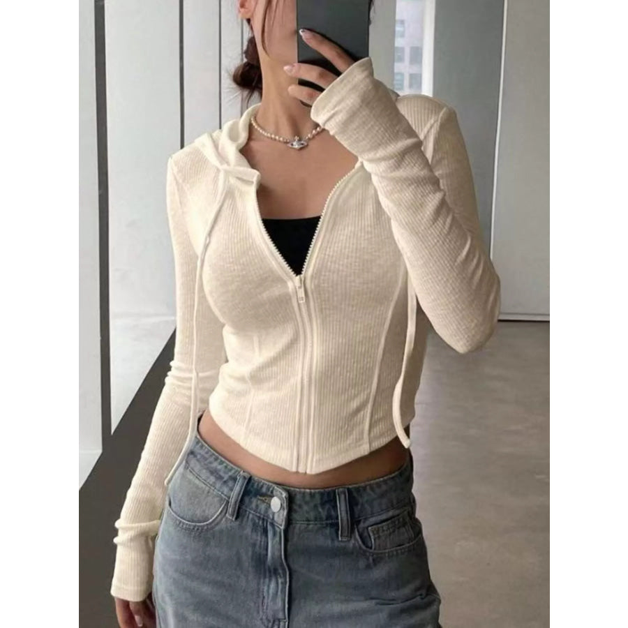 Ribbed Knit Cropped Zip-Up Outerwear Apparel and Accessories