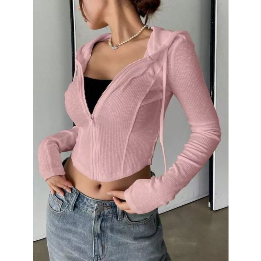 Ribbed Knit Cropped Zip-Up Outerwear Apparel and Accessories