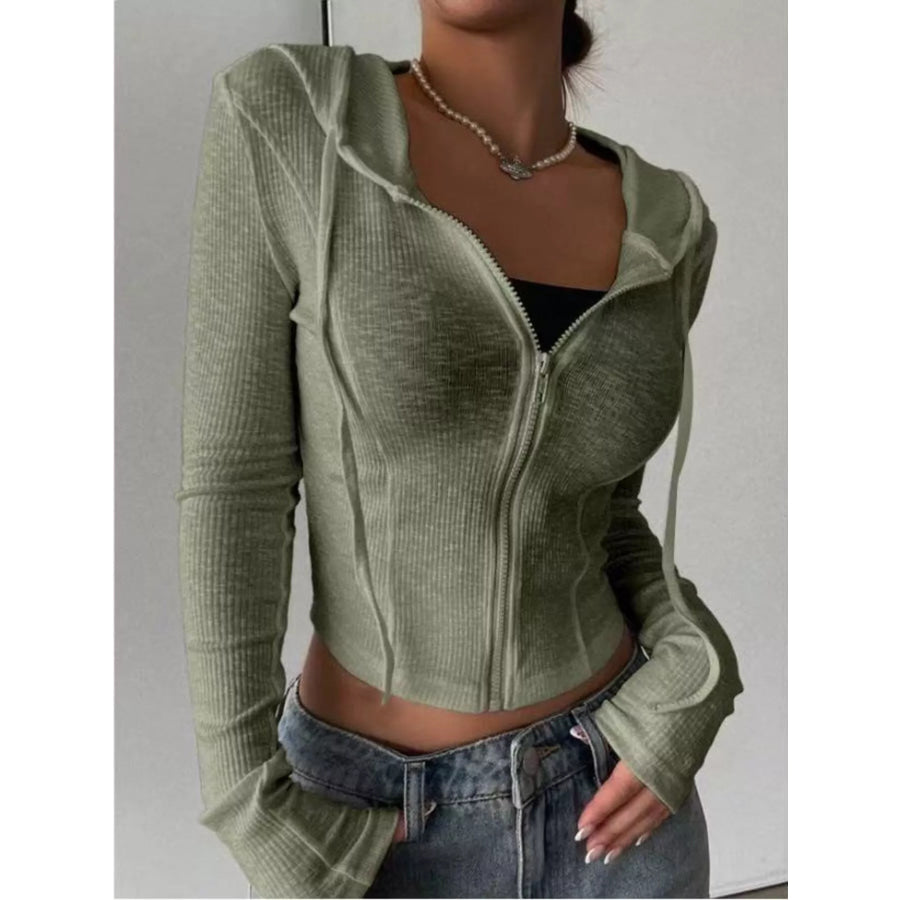Ribbed Knit Cropped Zip-Up Outerwear Army Green / S Apparel and Accessories
