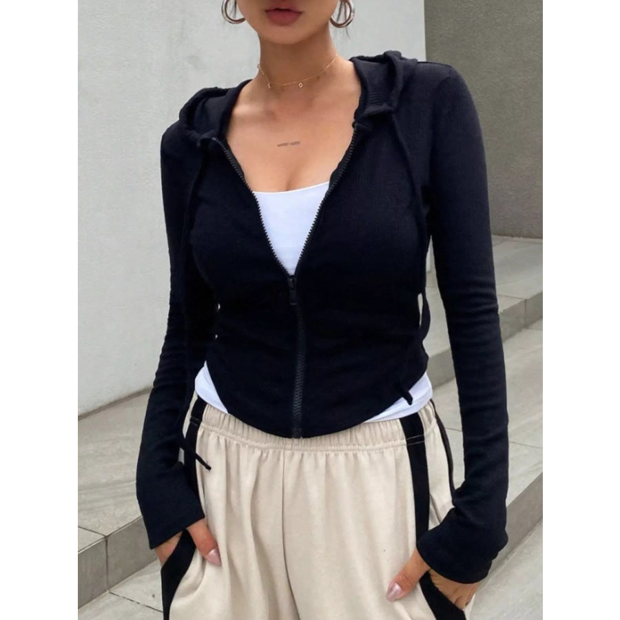 Ribbed Knit Cropped Zip-Up Outerwear Black / S Apparel and Accessories