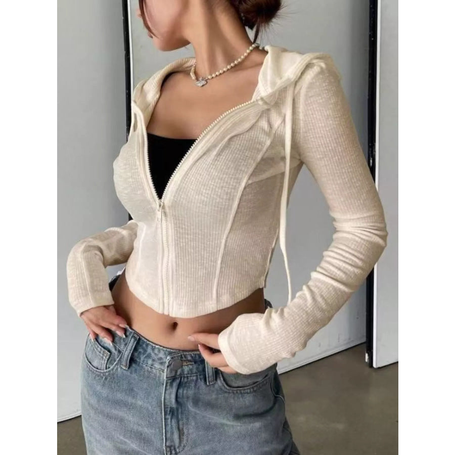 Ribbed Knit Cropped Zip-Up Outerwear Khaki / S Apparel and Accessories