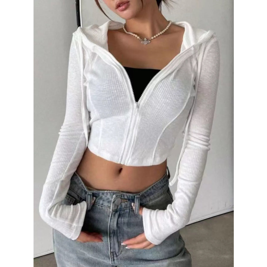 Ribbed Knit Cropped Zip-Up Outerwear White / S Apparel and Accessories