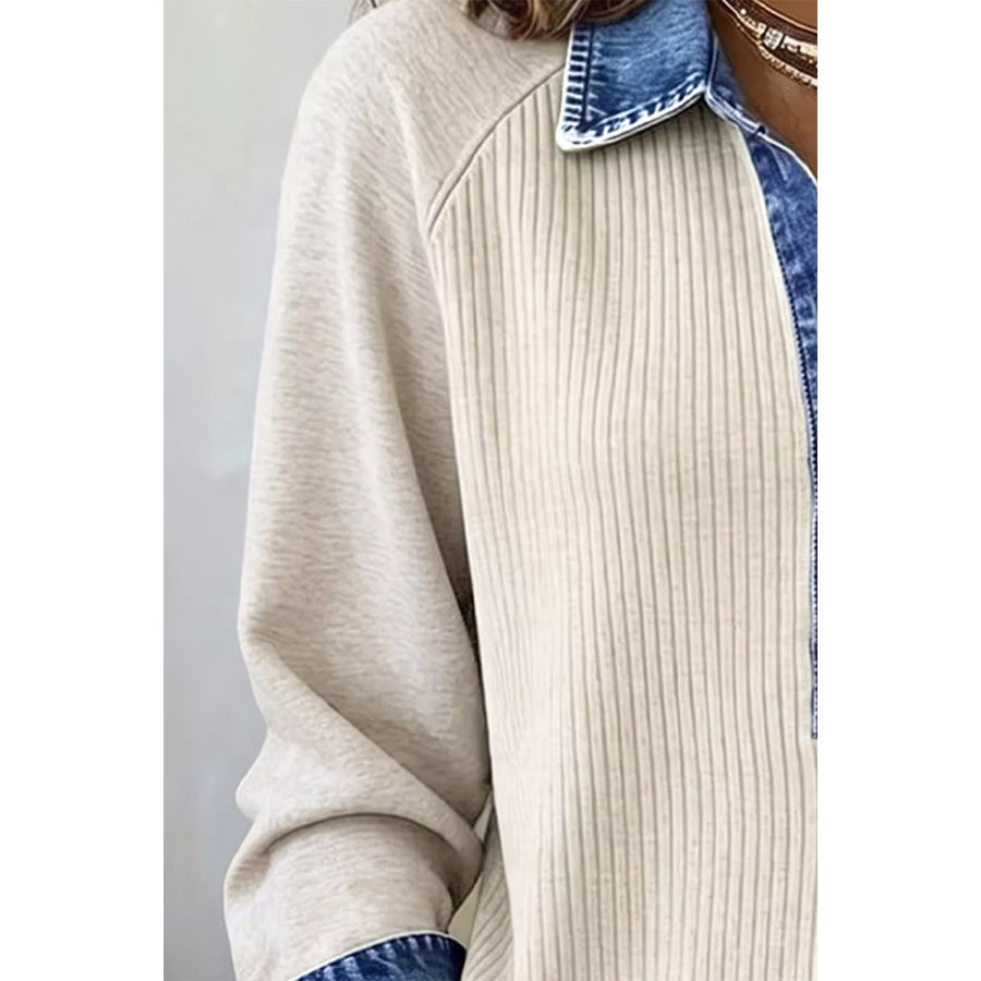 Ribbed Knit Denim Contrast Trim Top Apparel and Accessories