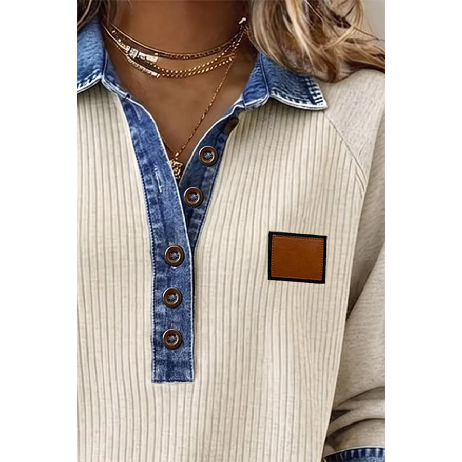Ribbed Knit Denim Contrast Trim Top Apparel and Accessories