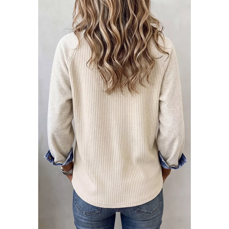 Ribbed Knit Denim Contrast Trim Top Beige / S Apparel and Accessories