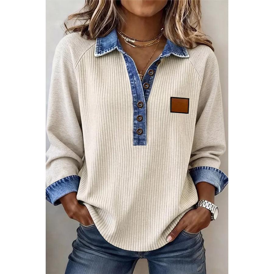 Ribbed Knit Denim Contrast Trim Top Beige / S Apparel and Accessories