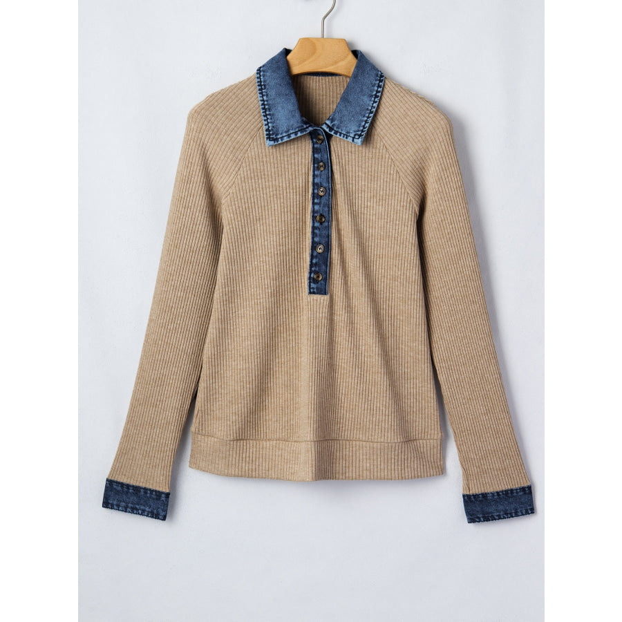 Ribbed Knit Denim Trim Button Detail Top Khaki / S Apparel and Accessories