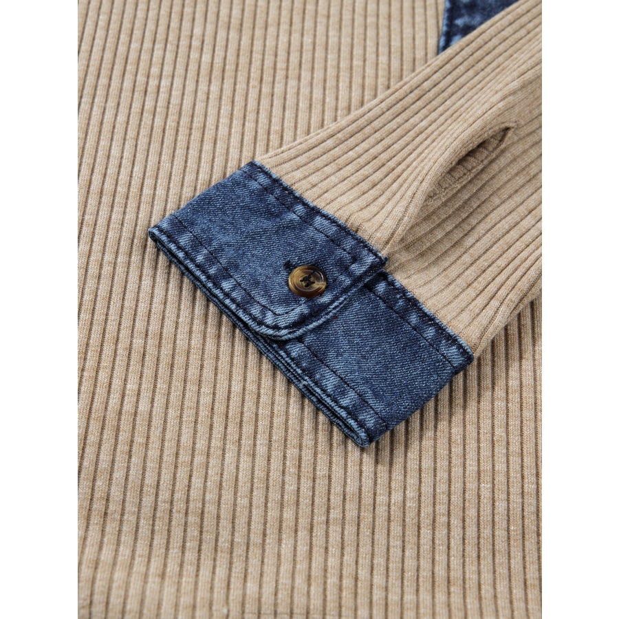 Ribbed Knit Denim Trim Button Detail Top Apparel and Accessories