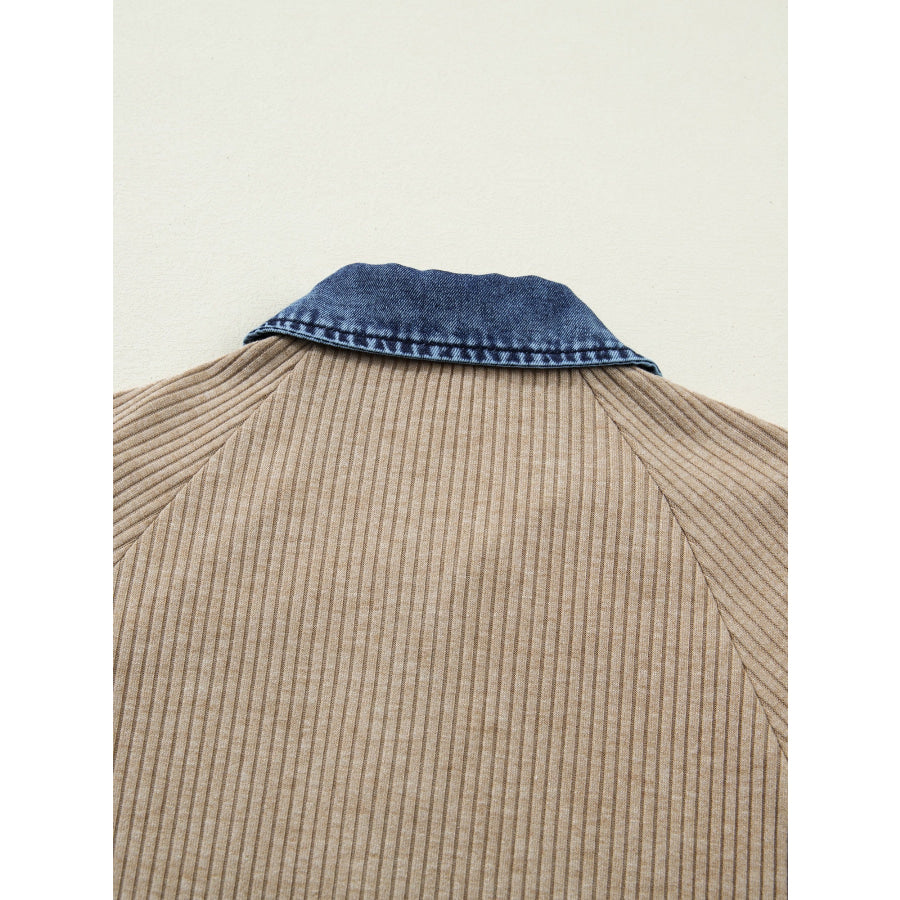 Ribbed Knit Denim Trim Button Detail Top Apparel and Accessories