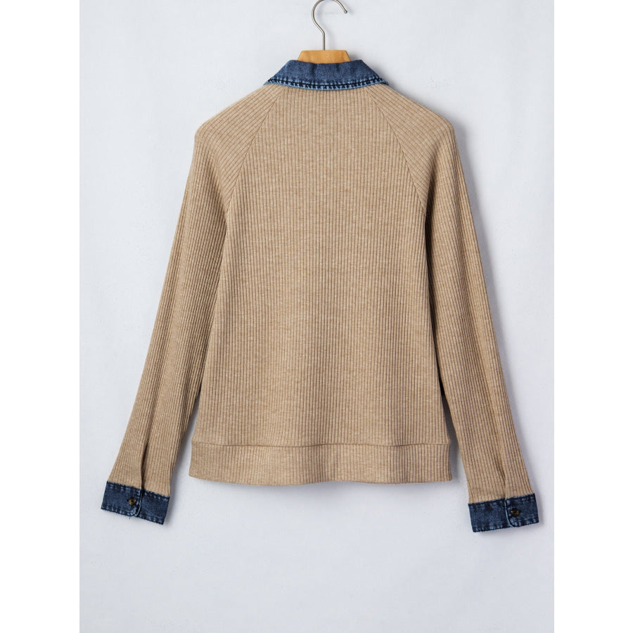 Ribbed Knit Denim Trim Button Detail Top Apparel and Accessories