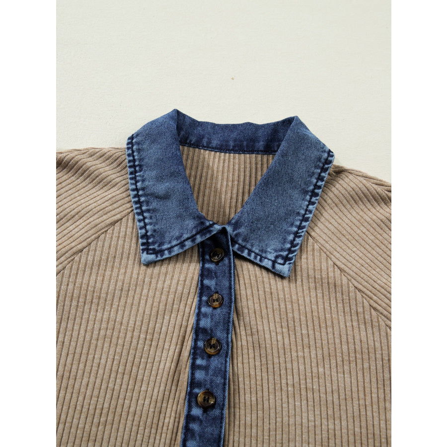 Ribbed Knit Denim Trim Button Detail Top Apparel and Accessories