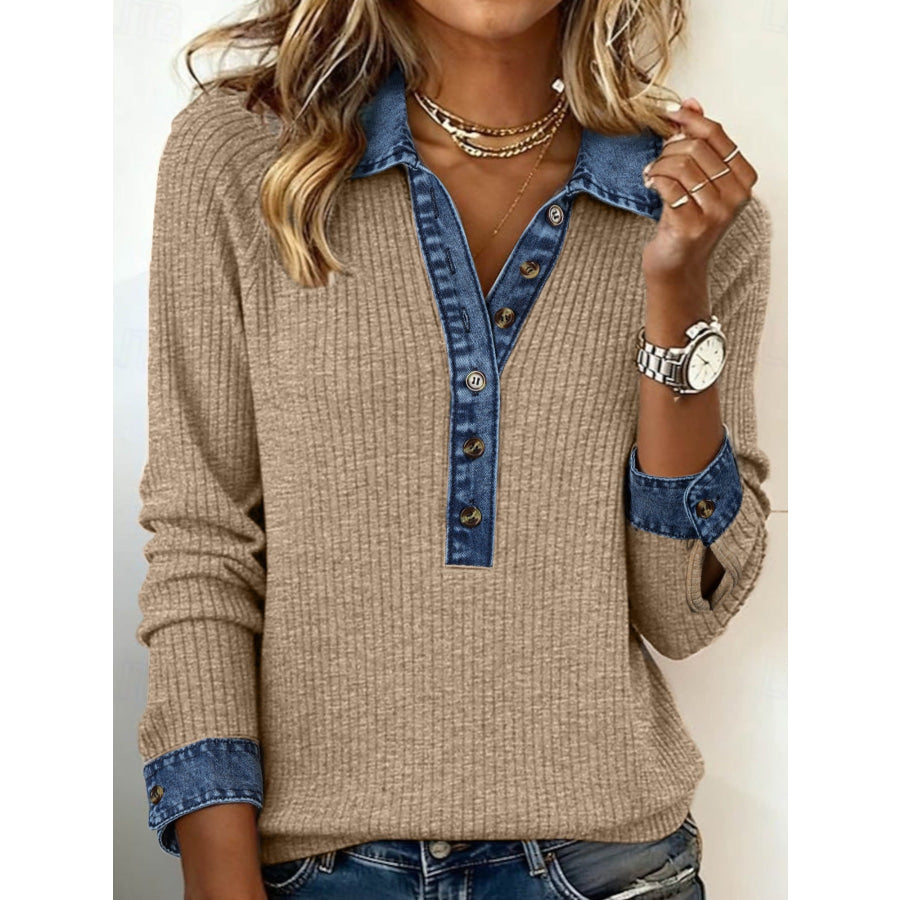 Ribbed Knit Denim Trim Button Detail Top Khaki / S Apparel and Accessories