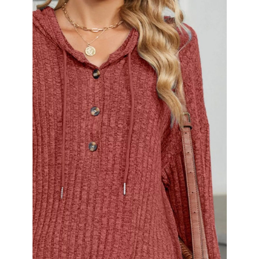 Ribbed Knit Drawstring Long Sleeve Hoodie Apparel and Accessories