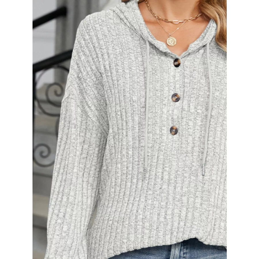 Ribbed Knit Drawstring Long Sleeve Hoodie Apparel and Accessories