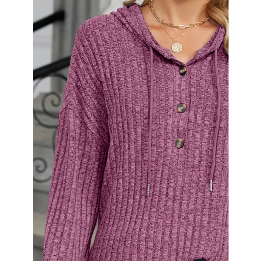 Ribbed Knit Drawstring Long Sleeve Hoodie Apparel and Accessories