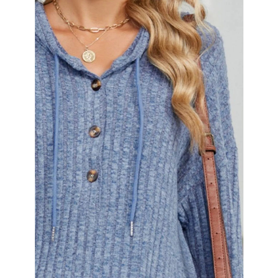Ribbed Knit Drawstring Long Sleeve Hoodie Apparel and Accessories