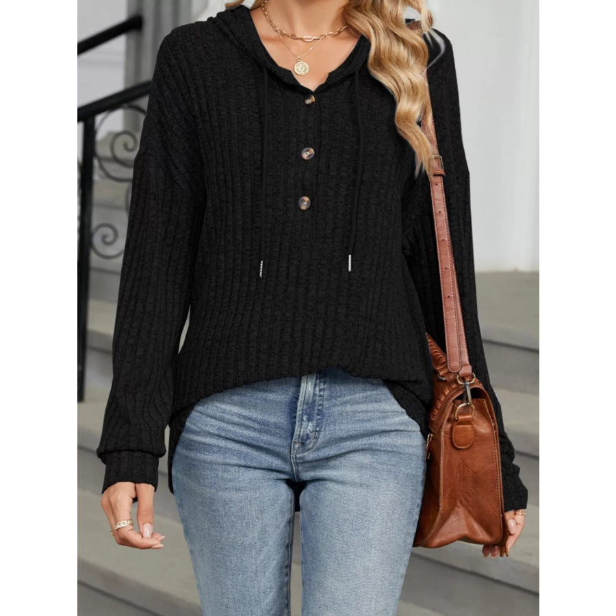Ribbed Knit Drawstring Long Sleeve Hoodie Black / S Apparel and Accessories