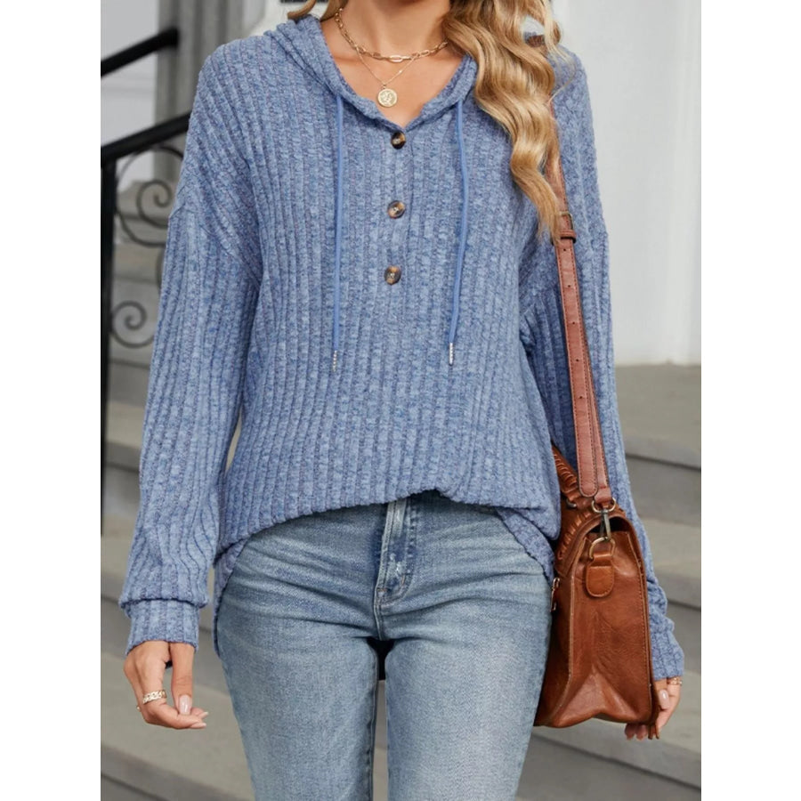 Ribbed Knit Drawstring Long Sleeve Hoodie Blue / S Apparel and Accessories