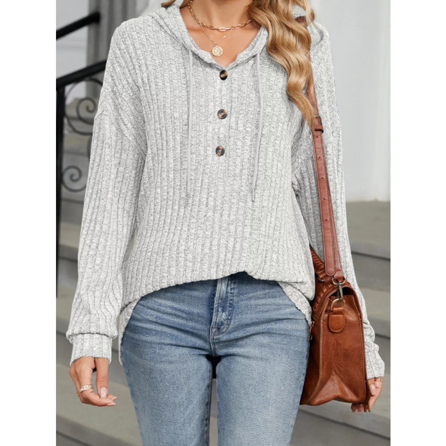 Ribbed Knit Drawstring Long Sleeve Hoodie Light Gray / S Apparel and Accessories