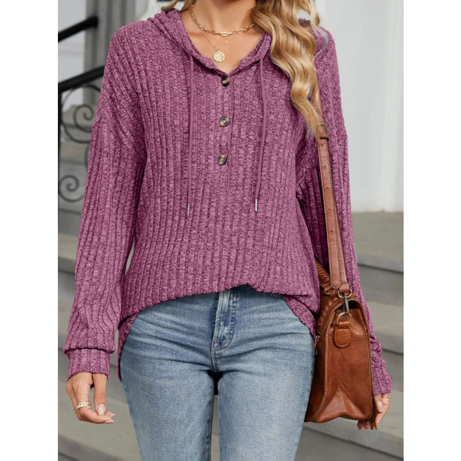 Ribbed Knit Drawstring Long Sleeve Hoodie Purple / S Apparel and Accessories