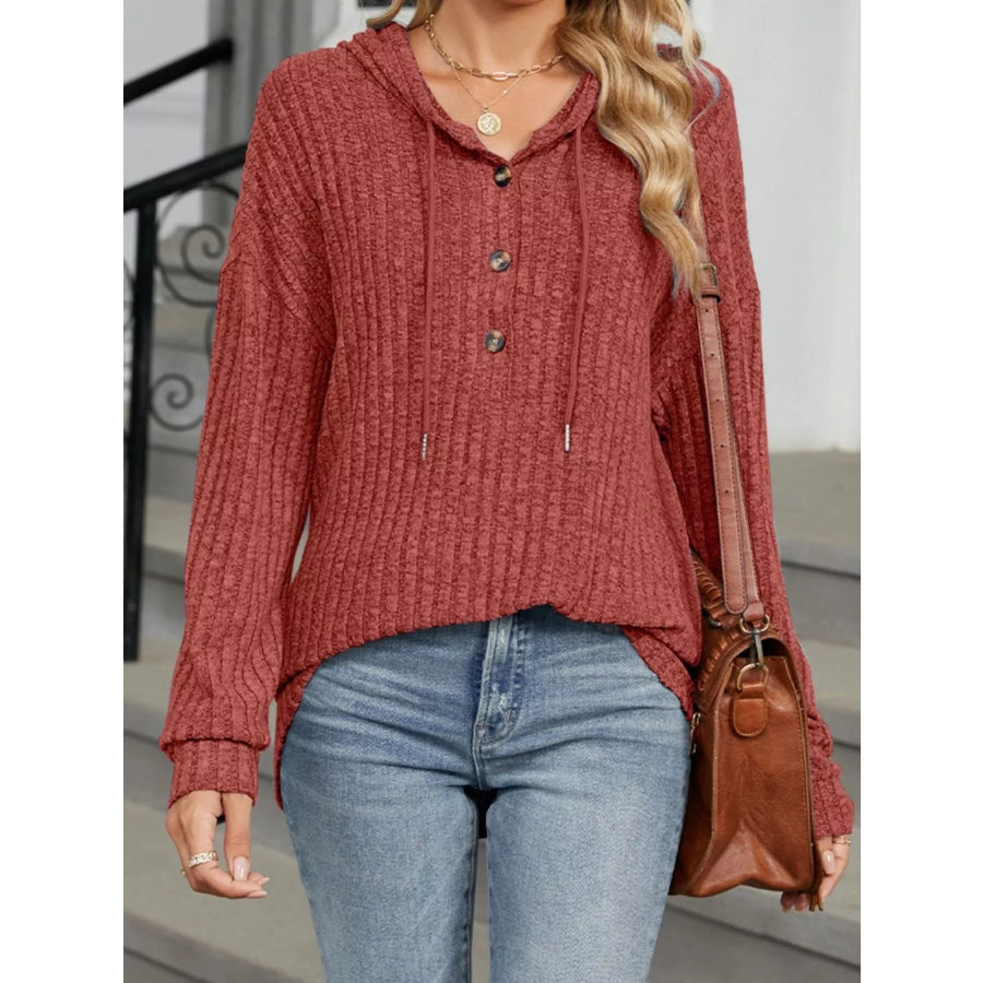 Ribbed Knit Drawstring Long Sleeve Hoodie Red / S Apparel and Accessories