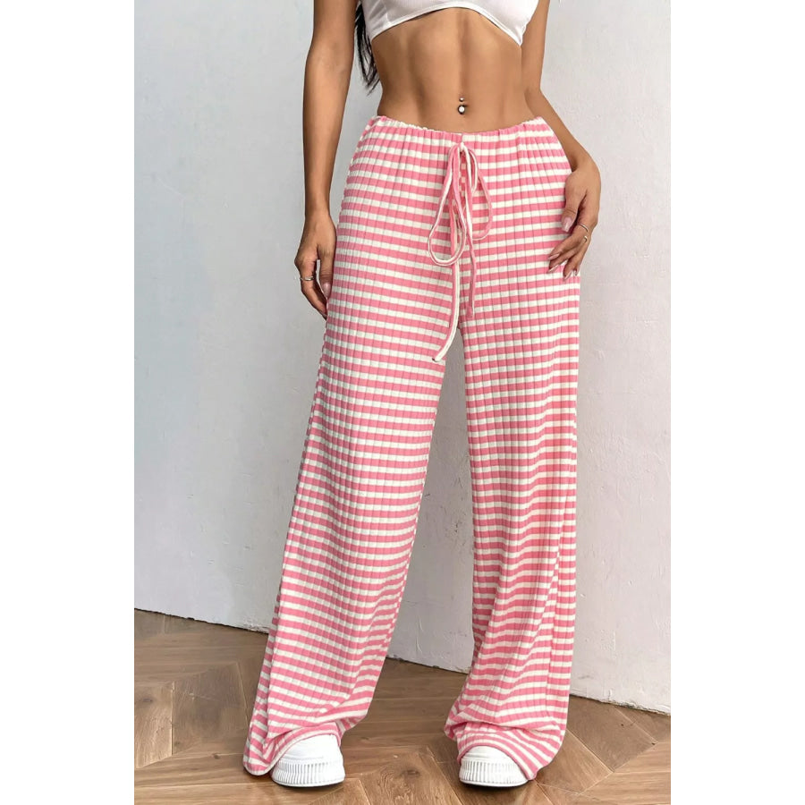 Ribbed Knit Drawstring Wide Leg Pants Dusty Pink / S Apparel and Accessories