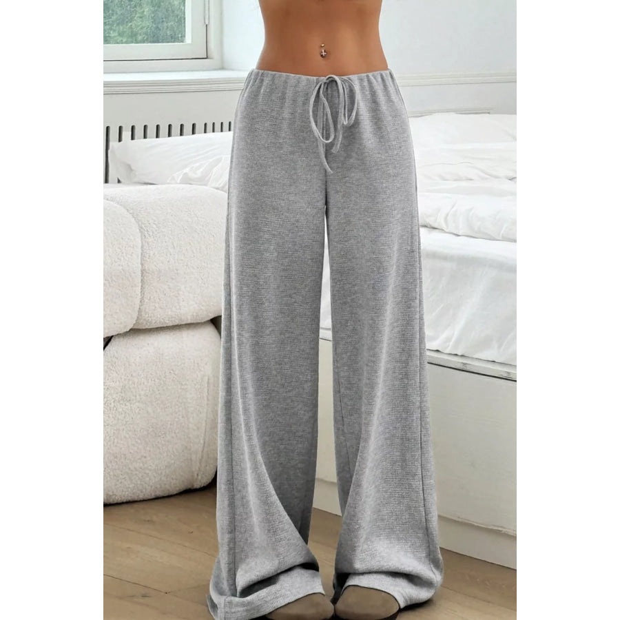 Ribbed Knit Drawstring Wide Leg Pants Gray / S Apparel and Accessories