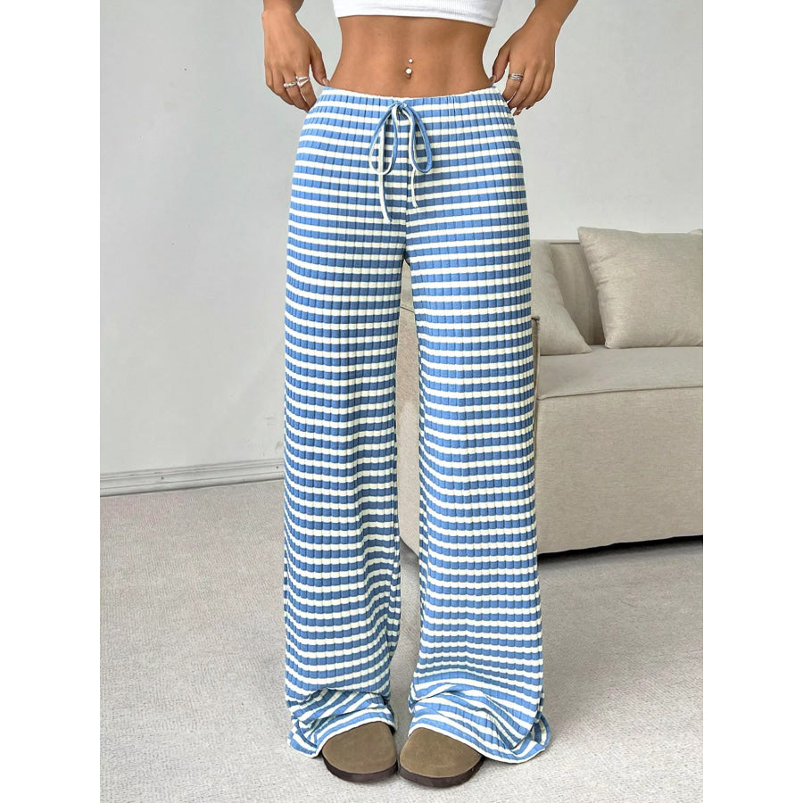 Ribbed Knit Drawstring Wide Leg Pants Light Blue / S Apparel and Accessories