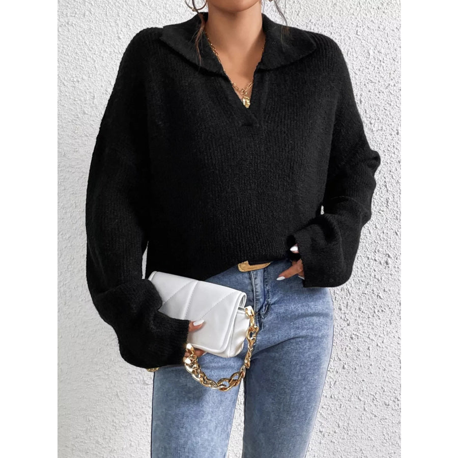 Ribbed Knit Dropped Shoulder Sweater Black / S Apparel and Accessories