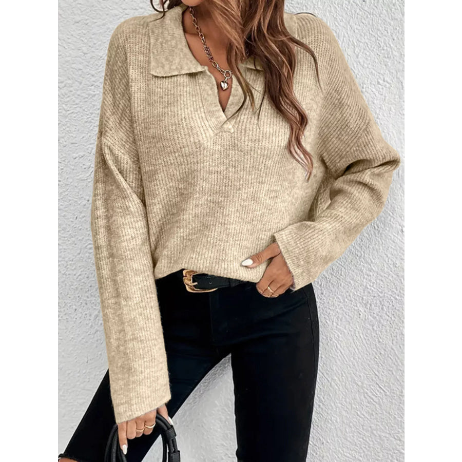Ribbed Knit Dropped Shoulder Sweater Khaki / S Apparel and Accessories
