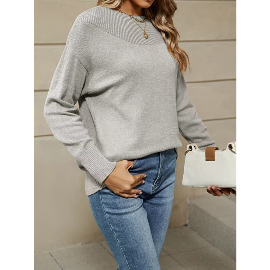 Ribbed Knit Dropped Shoulder Sweater Light Gray / S Apparel and Accessories