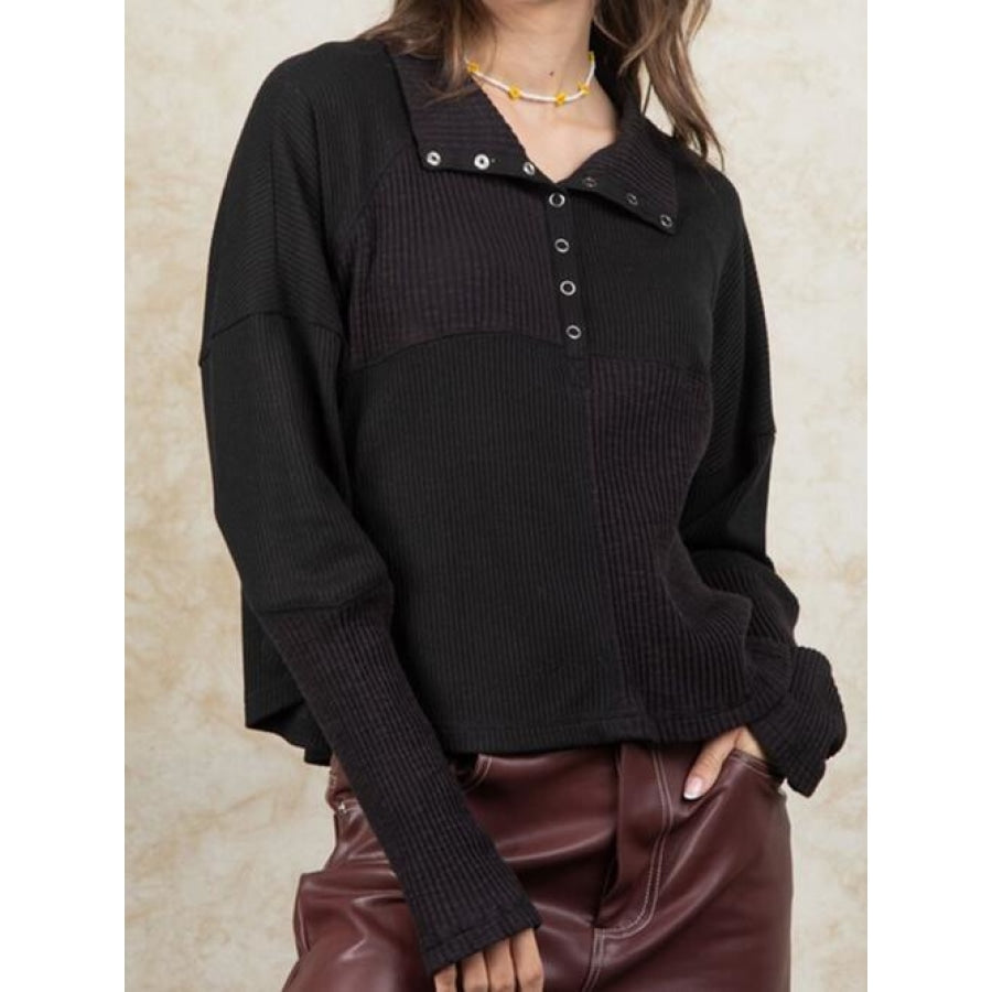 Ribbed Knit Henry Collar Loose Fitting Long Sleeve Top Black / S Clothing