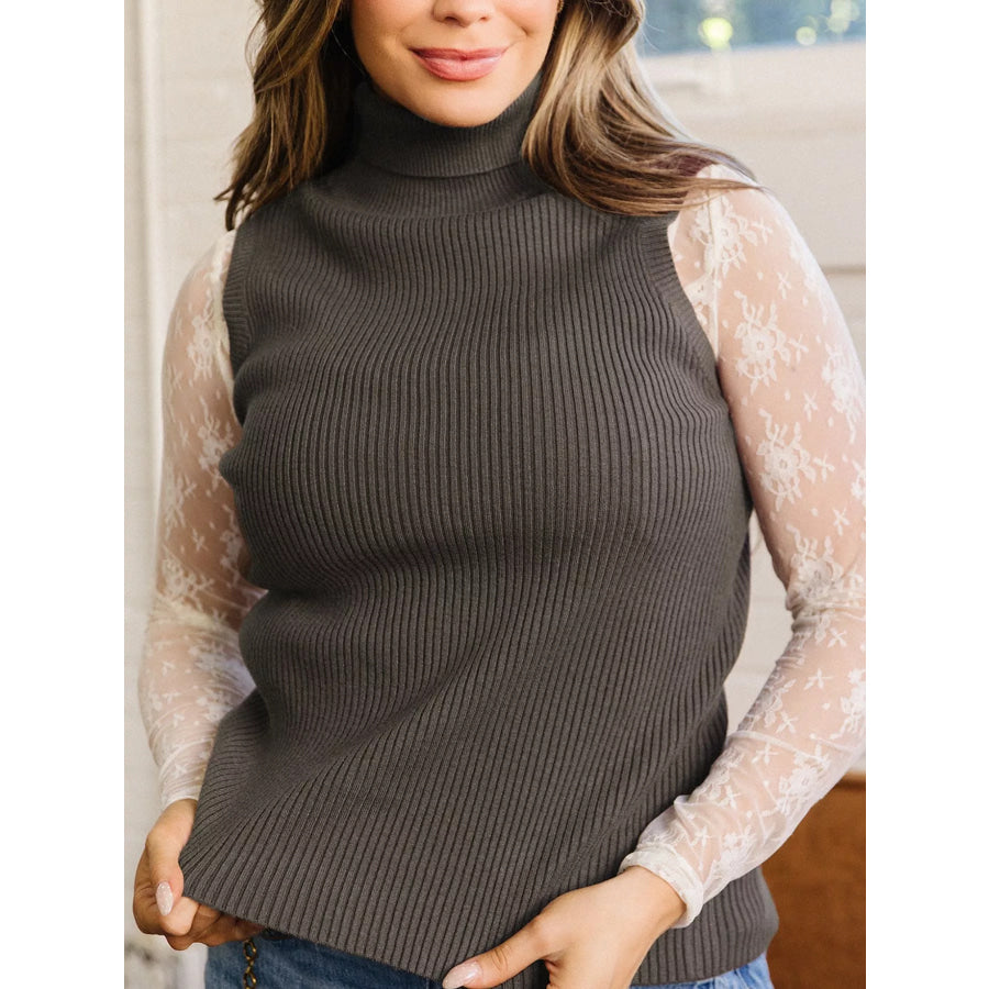 Ribbed Knit High Neck Sleeveless Waist Slim Fit Sweater Vest Apparel and Accessories