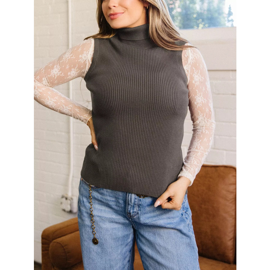 Ribbed Knit High Neck Sleeveless Waist Slim Fit Sweater Vest Coffee Brown / S Apparel and Accessories