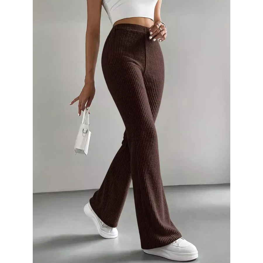 Ribbed Knit High Waist Flare Pants Apparel and Accessories