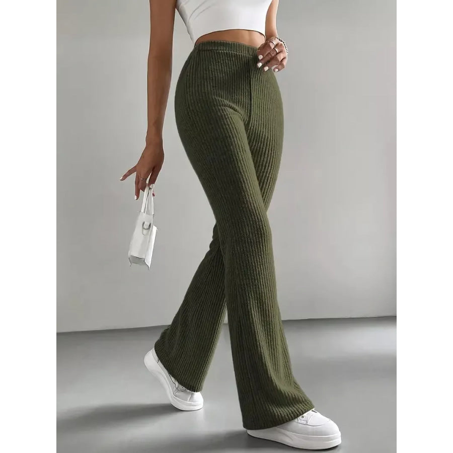 Ribbed Knit High Waist Flare Pants Apparel and Accessories