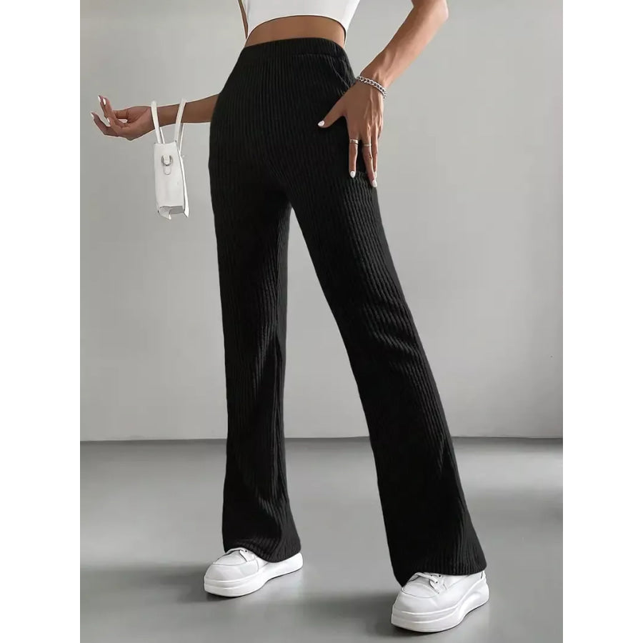 Ribbed Knit High Waist Flare Pants Apparel and Accessories