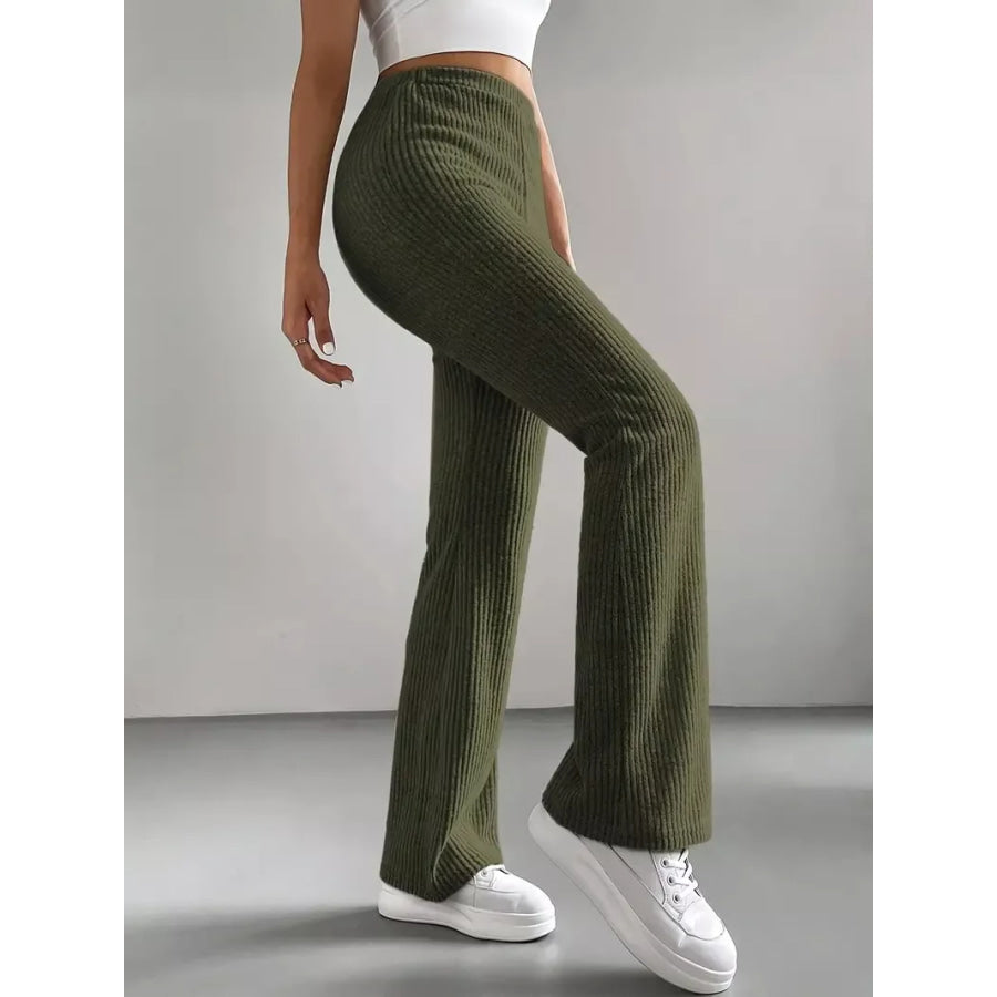 Ribbed Knit High Waist Flare Pants Apparel and Accessories