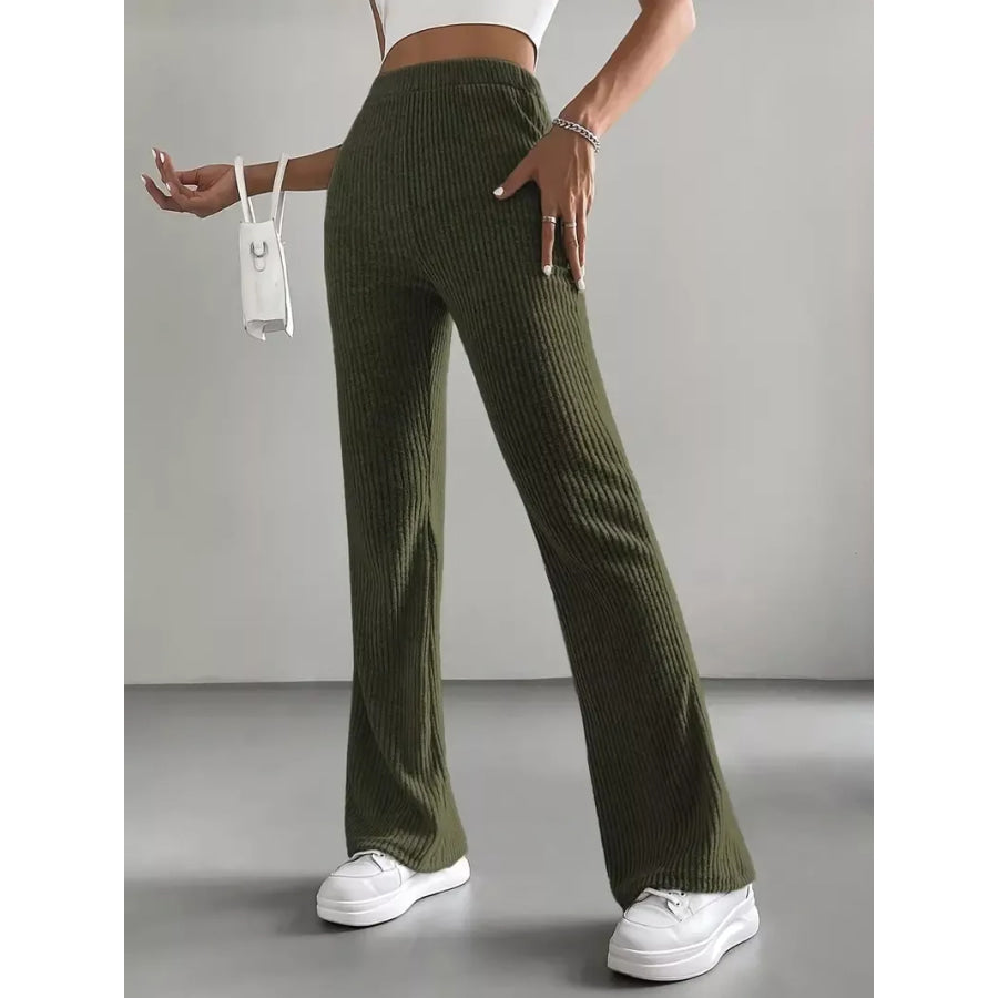 Ribbed Knit High Waist Flare Pants Apparel and Accessories