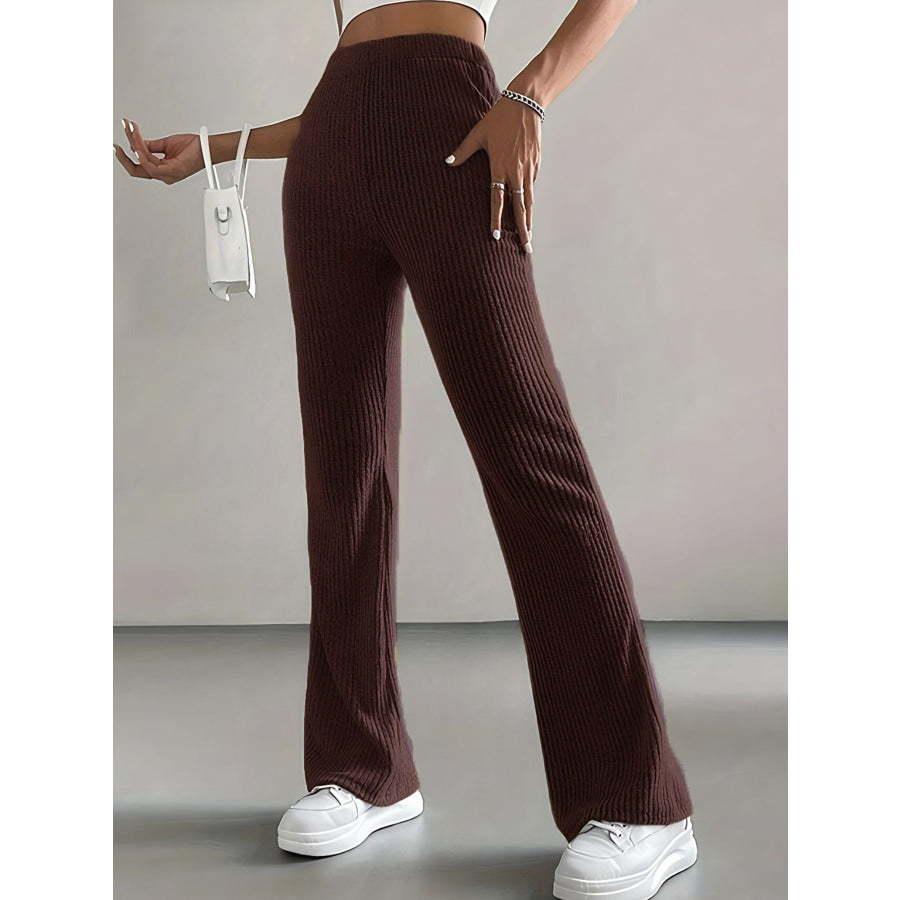 Ribbed Knit High Waist Flare Pants Apparel and Accessories