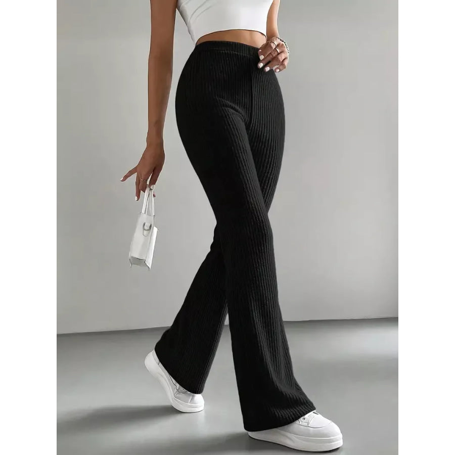Ribbed Knit High Waist Flare Pants Apparel and Accessories